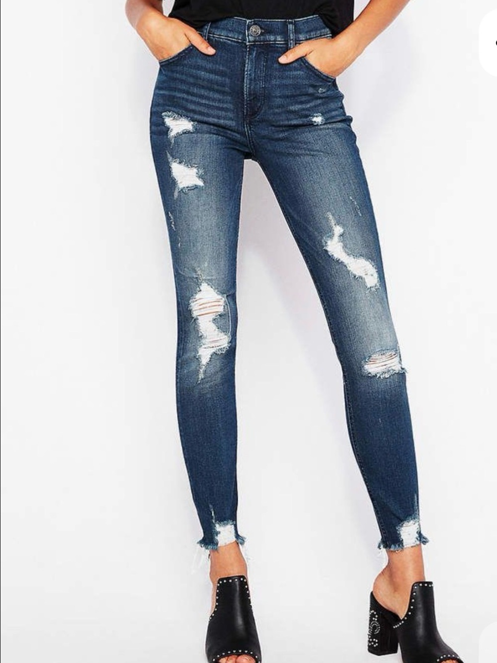 High-Rise Distressed Perfect Ripped Ankle  Skinny Jeans Dark Blue Wash Express